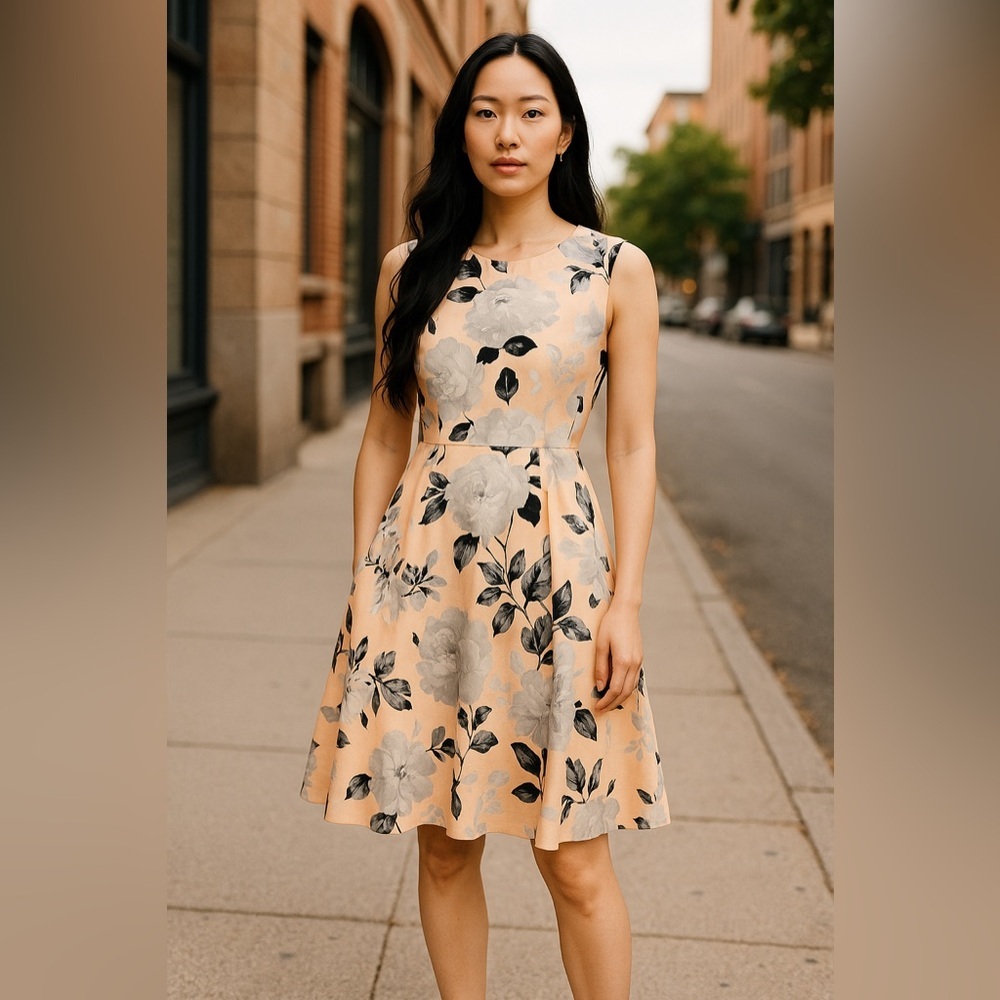 Calvin Klein Lined Peach, Gray, White and Black Midi Dress with Pockets